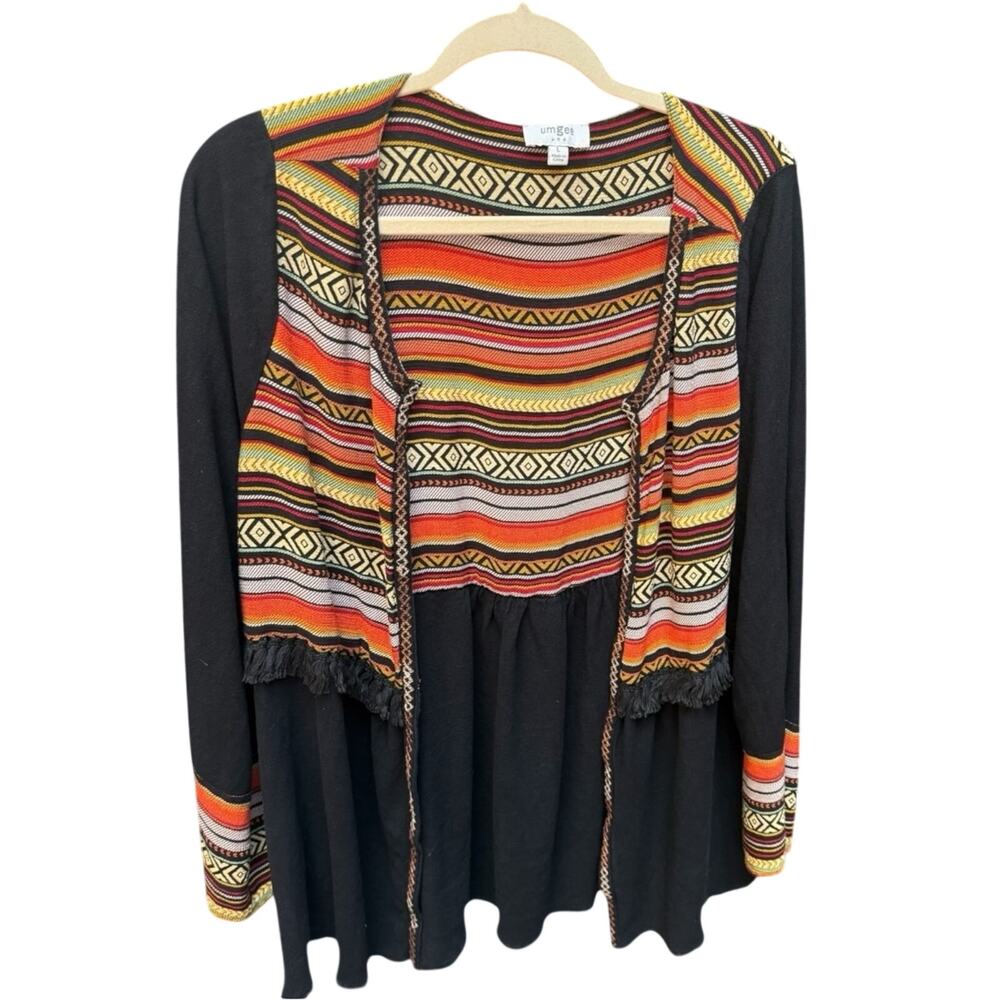 Umgee Black Cardigan with Orange, Red & Cream Patterned Panels